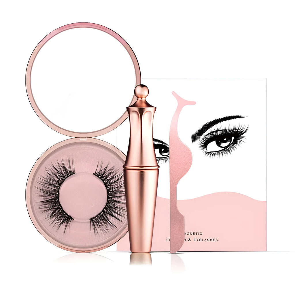 Magnetic eyeliner and false eyelash set with 5 pairs faux mink lashes, applicator tweezers, and storage case with mirror