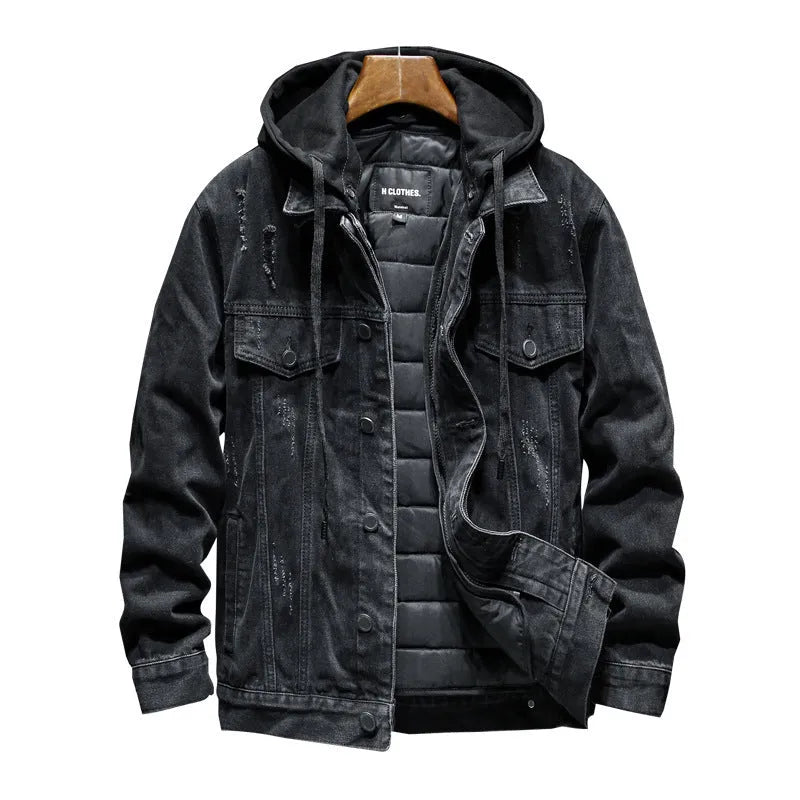 Men's thick denim hooded jacket with lapel collar in black, slim fit cotton winter coat