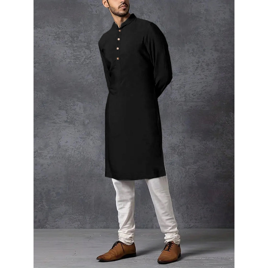 Men's black solid colour long sleeve slim fit stand collar polyester robe, sizes M to XXXL