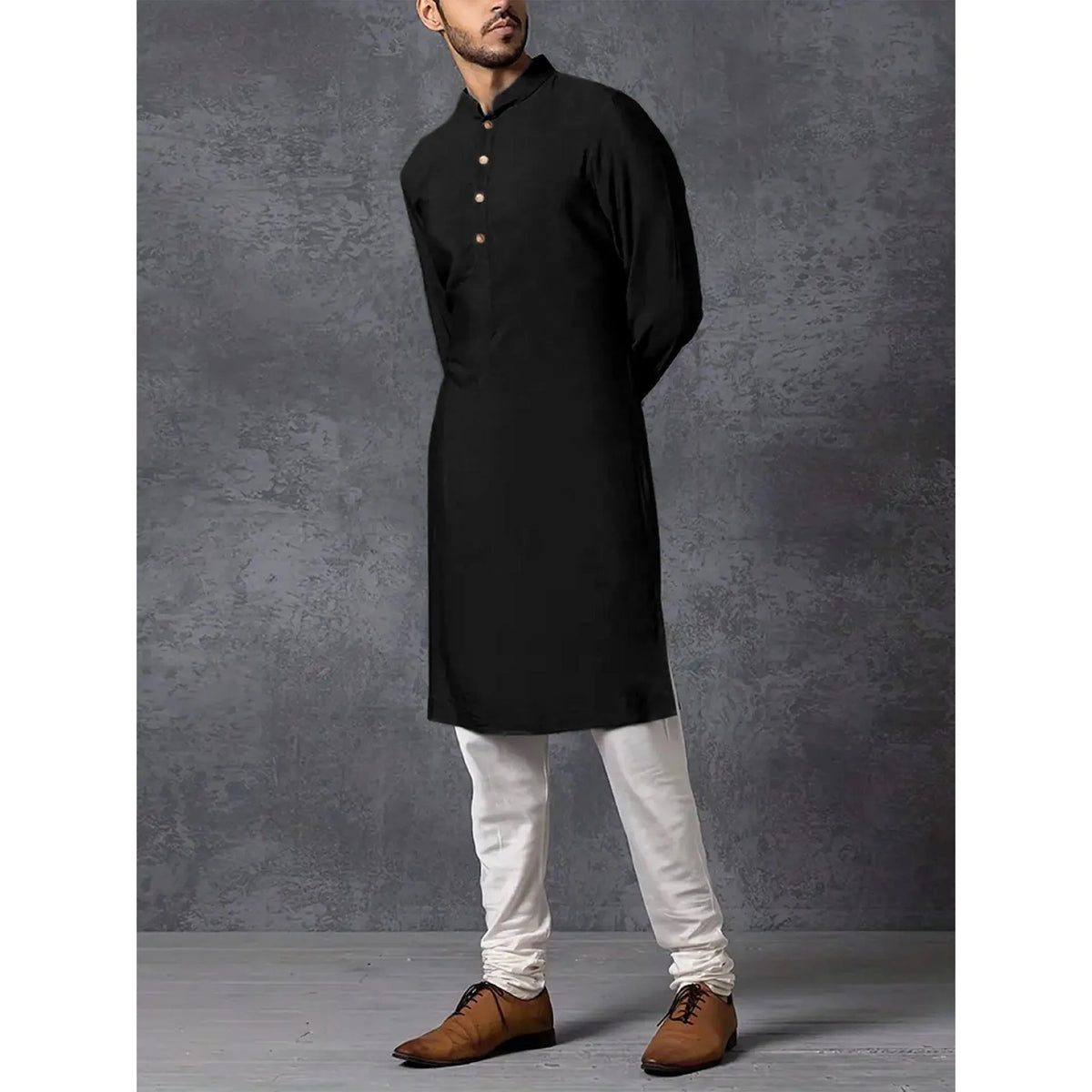 Men's black solid colour long sleeve slim fit stand collar polyester robe, sizes M to XXXL