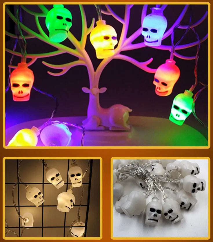 Halloween LED string lights with plastic pumpkin, ghost and bat decorations hanging on a 1.2 metre cable.