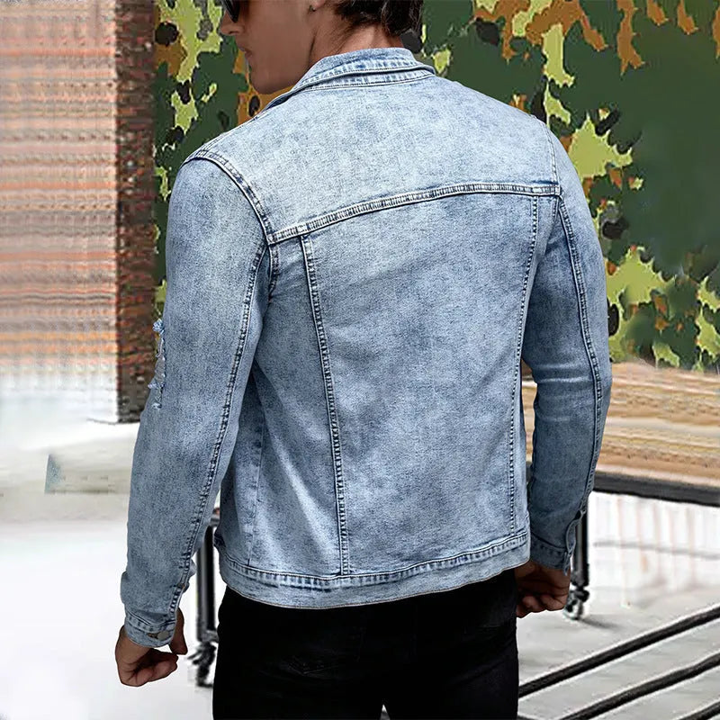 Solid blue slim fit denim shirt jacket for men with polo collar and chest pocket