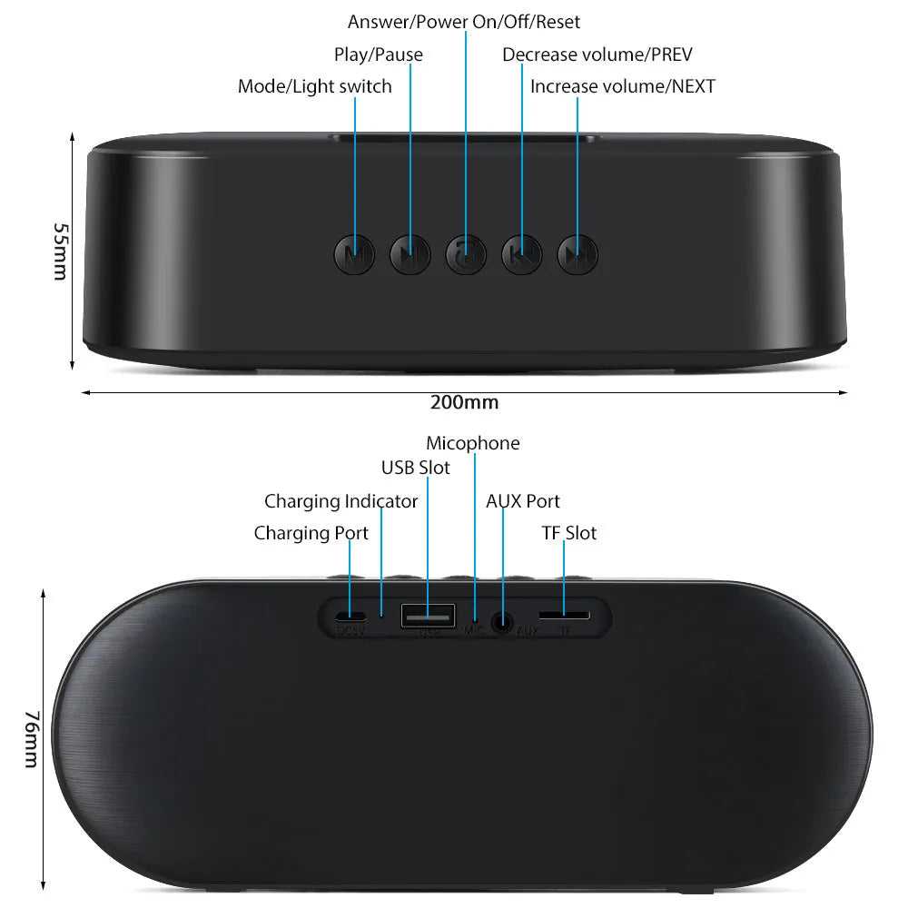 Black wireless Bluetooth speaker with dual speakers 6W output and TF card slot