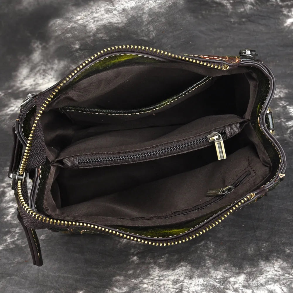 Genuine leather square women's shoulder bag with contrast lining and multiple internal compartments
