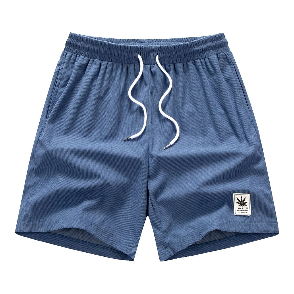 Men's drawstring waist summer shorts in black blue grey khaki colours with straight leg styling