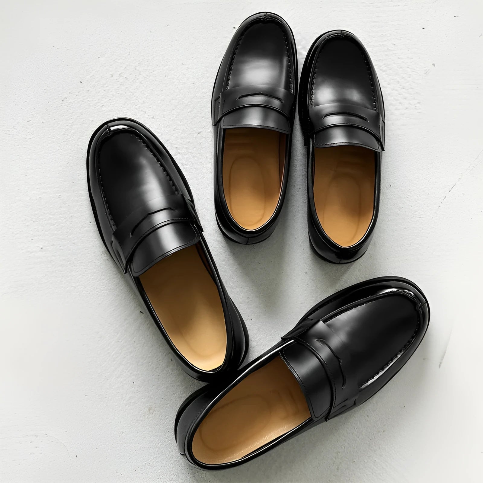 Men's black slip-on Derby leather shoes with a Microfiber upper and rubber sole.