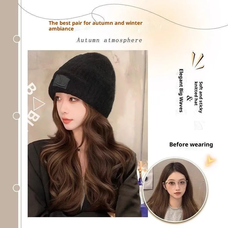 Hat wig for big heads with big wave style in brown black colour, protein filament material