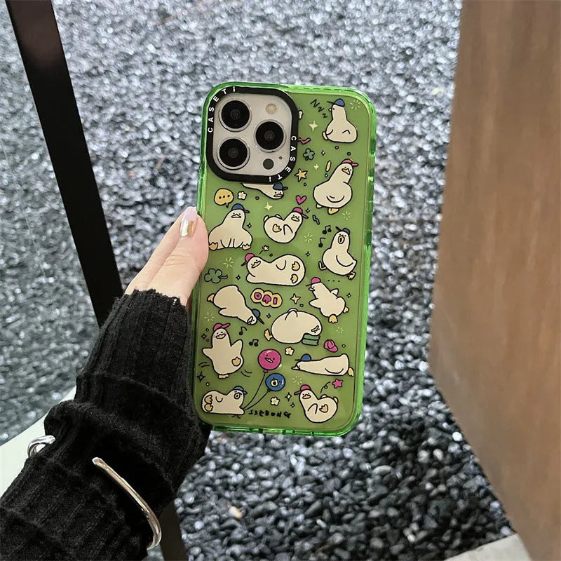Little Duck creative phone case in green flash acrylic finish, drop-resistant PC hard case for Apple iPhone, cartoon duck design
