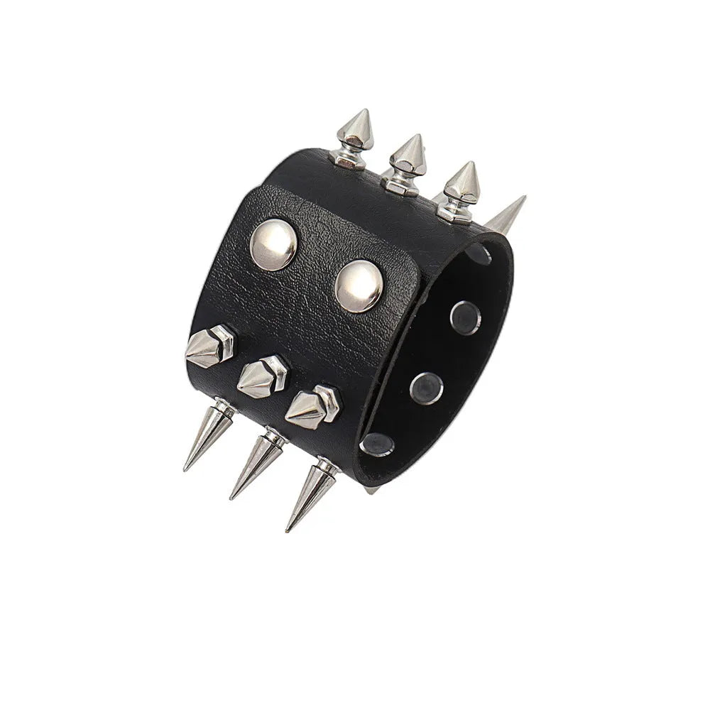 Black punk style rivet PU leather bracelet on surface, geometric tapered shape, unisex design