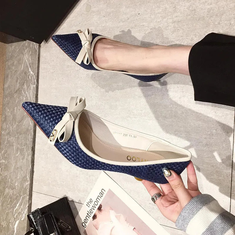 Women's suede bow stiletto pointed high heels in black, grey, and blue, 6-8cm heel, sizes 34-40