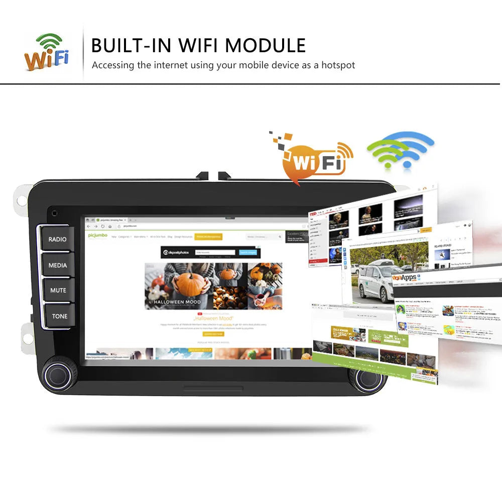 Volkswagen car dashboard with 7-inch Android touchscreen head unit showing navigation map.