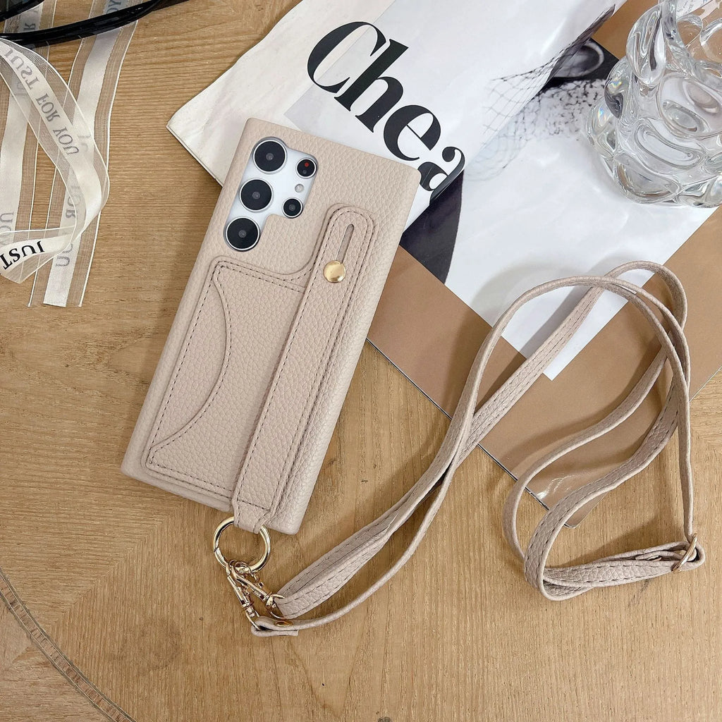 Card holder phone case with frosted finish and mirror detail in light khaki colour