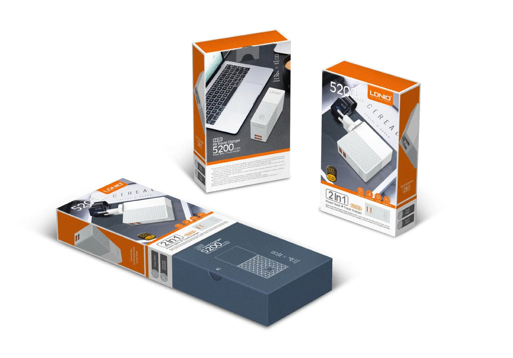 White two-in-one mobile power bank charger with built-in UK, EU, and US plug pins