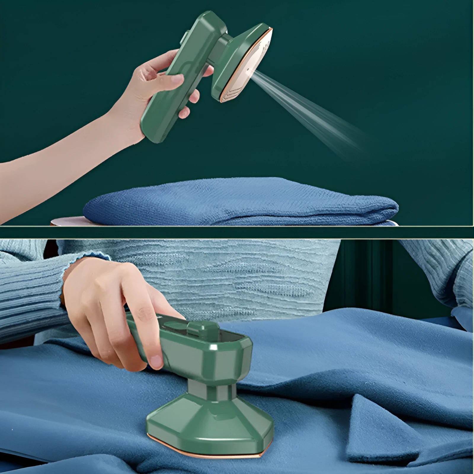 Dark green portable hanging ironing machine with ceramic panel and handheld design.