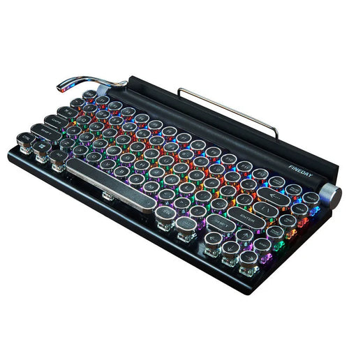 Black dot retro style mechanical keyboard with colourful backlit keys on a desk.