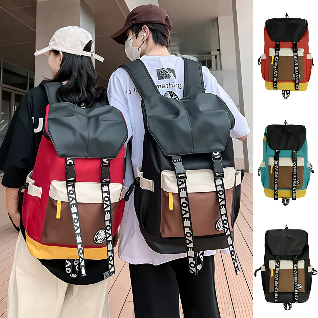 Oxford cloth fashion backpack in black, green, or red, shown with adjustable straps for multiple carrying styles.