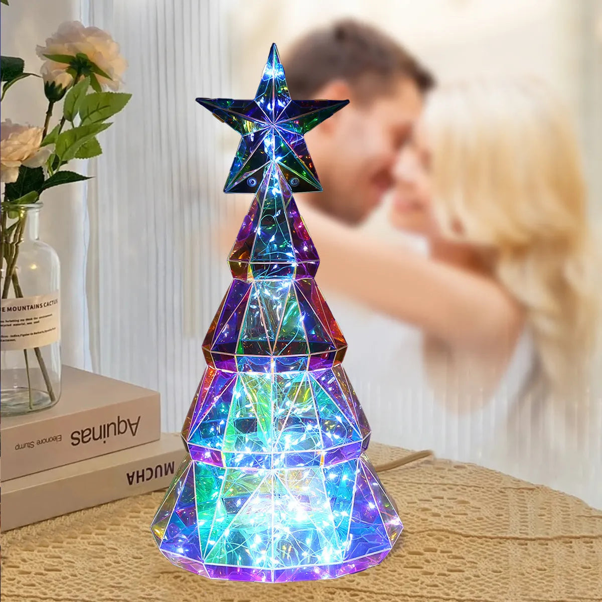 Colourful cartoon-style PET Christmas tree light decoration measuring 14.5cm by 4.8cm by 20cm
