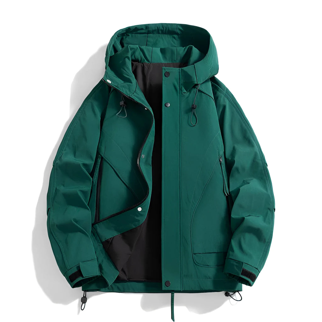 Loose fit hooded rabbit fur jacket in phantom green colour with zippered pockets