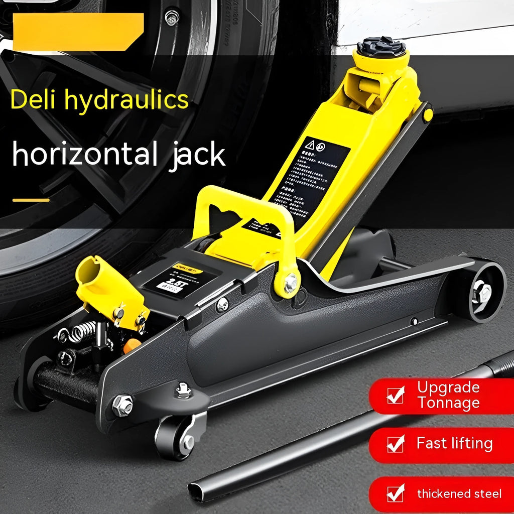 Horizontal hydraulic car lifting jack for low vehicle tyre changes with handle