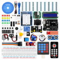 Arduino Uno R3 Super Starter Kit with blue development board, breadboard, electronic components, and CD.