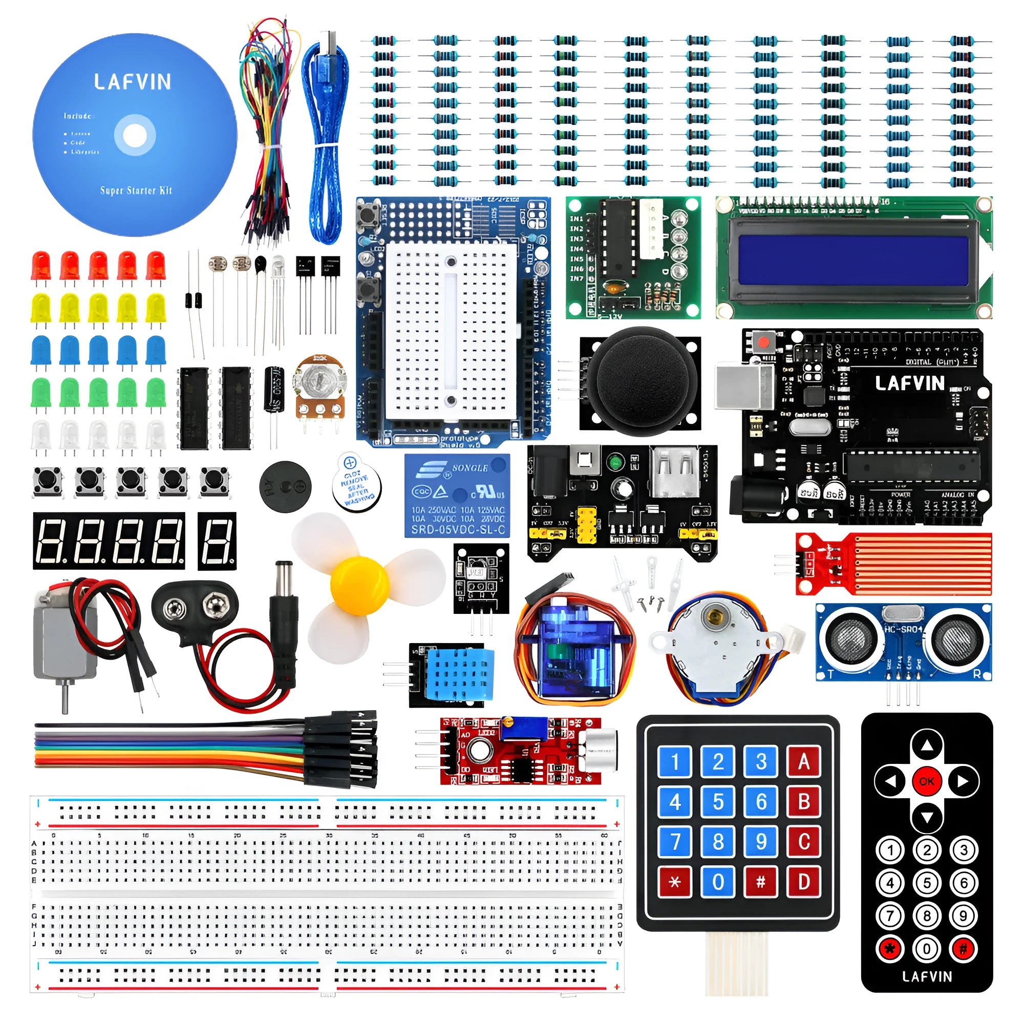 Arduino Uno R3 Super Starter Kit with blue development board, breadboard, electronic components, and CD.