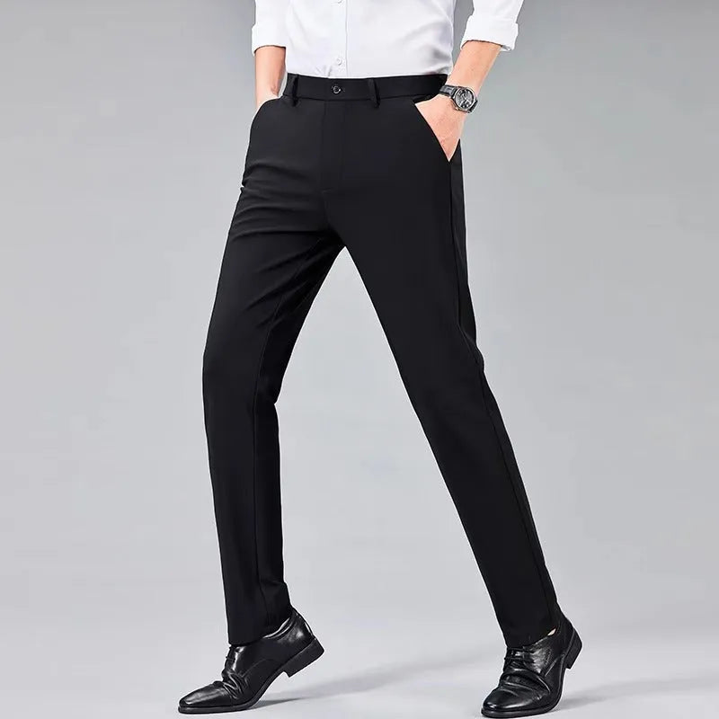 Summer ice silk thin non-ironing men's business casual pants in black, side view