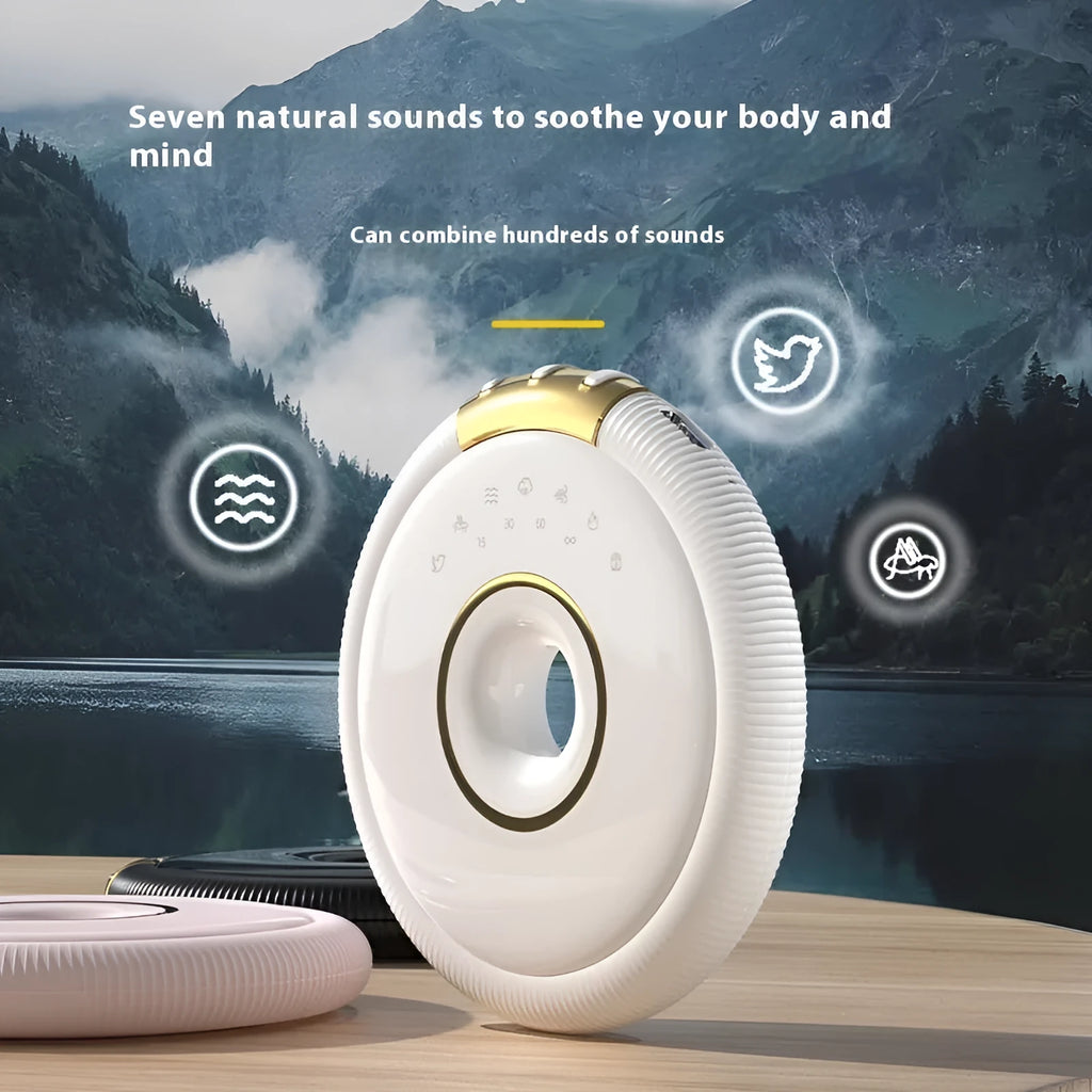 Bone conduction Bluetooth speaker mini in white, 80x80x13mm, with seven white noise tracks and Type-C charging