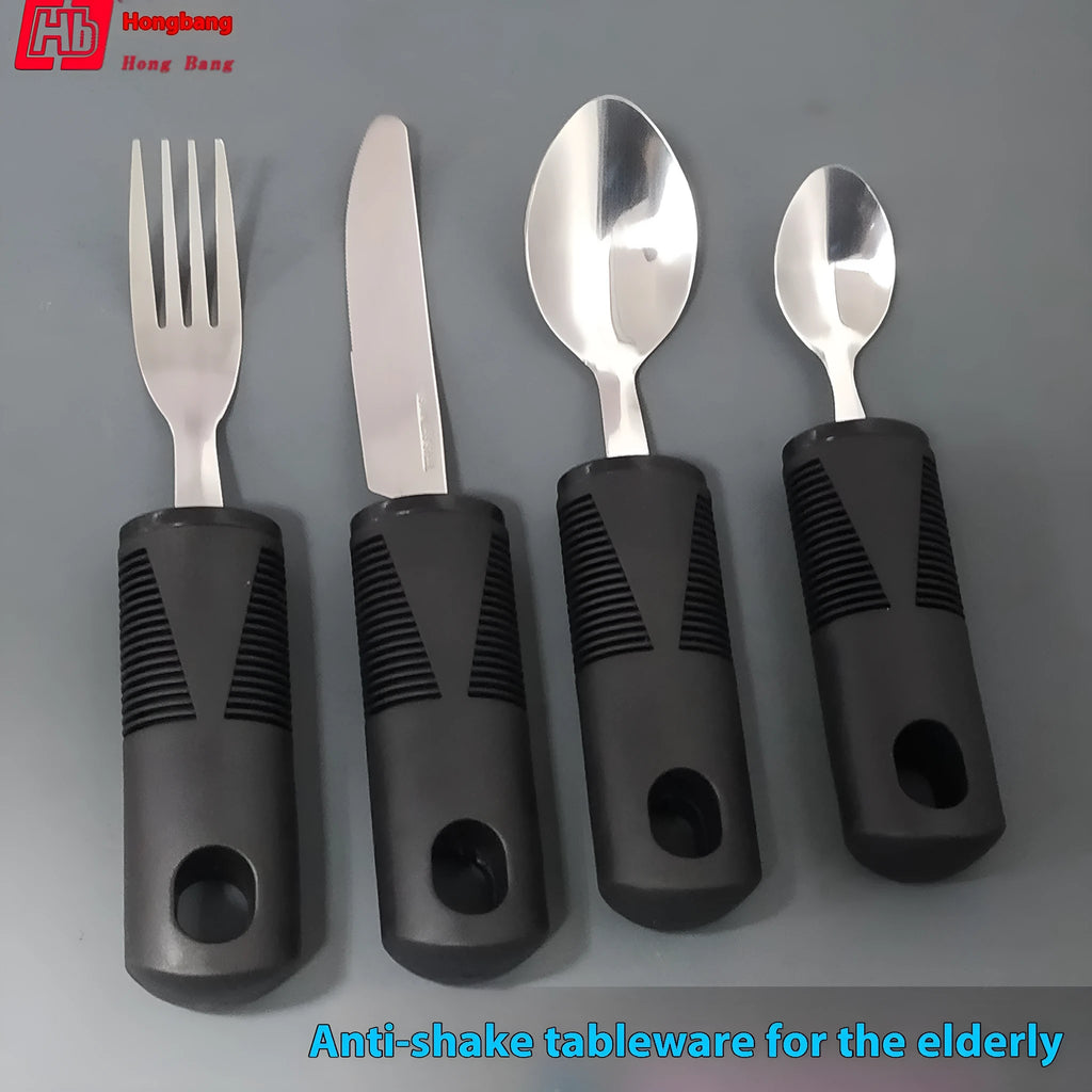 Stainless steel adaptive cutlery set with rubber handles for tremor assistance