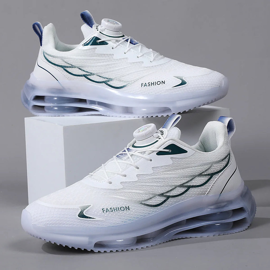 White youth casual shoes with rotating button closure, mesh upper, rubber sole, and lace-up design.