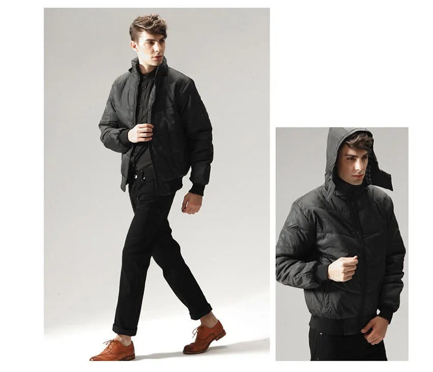Men's winter parka coat in black with detachable hood, loose heavyweight fit, shown from front