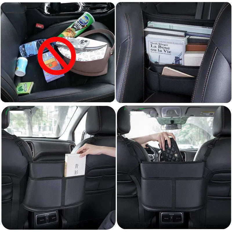 Black leather car seat net pocket storage bag with sports carbon fibre pattern.