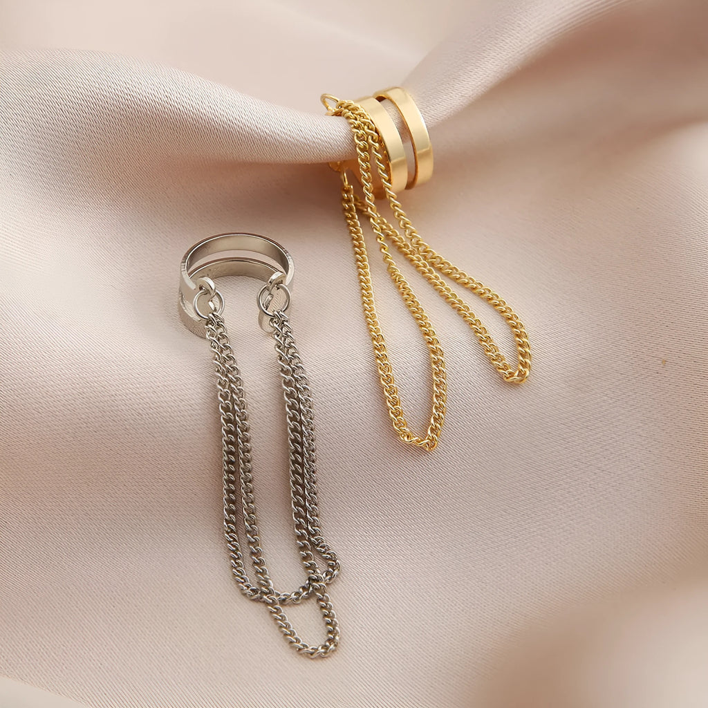 Fashion double metal chain tassel earrings for women in gold colour with U-shaped copper design