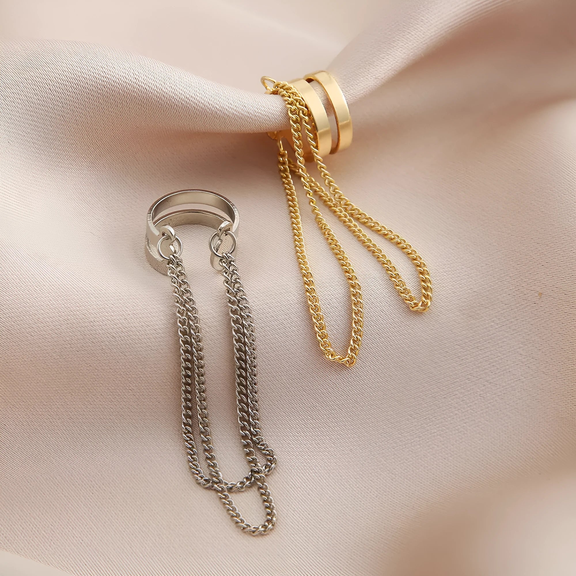 Fashion double metal chain tassel earrings for women in gold colour with U-shaped copper design