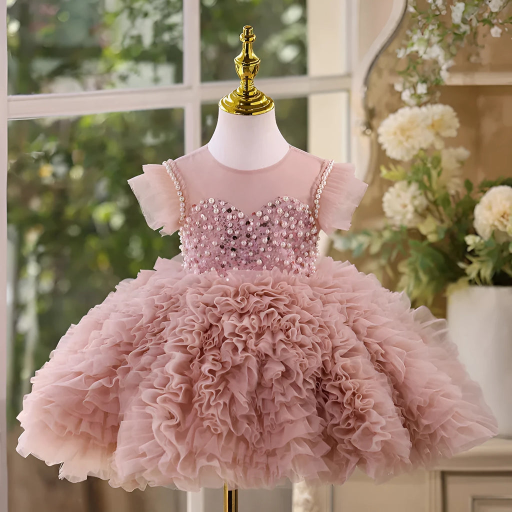 Children's princess pettiskirt in bean pink with tiered tulle layers polyester fabric