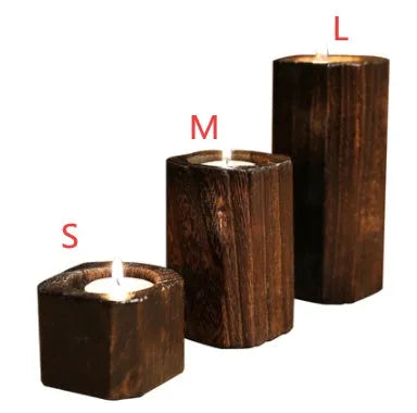 Three solid wood candle holders in natural paulownia wood charcoal-fired finish sizes small medium large