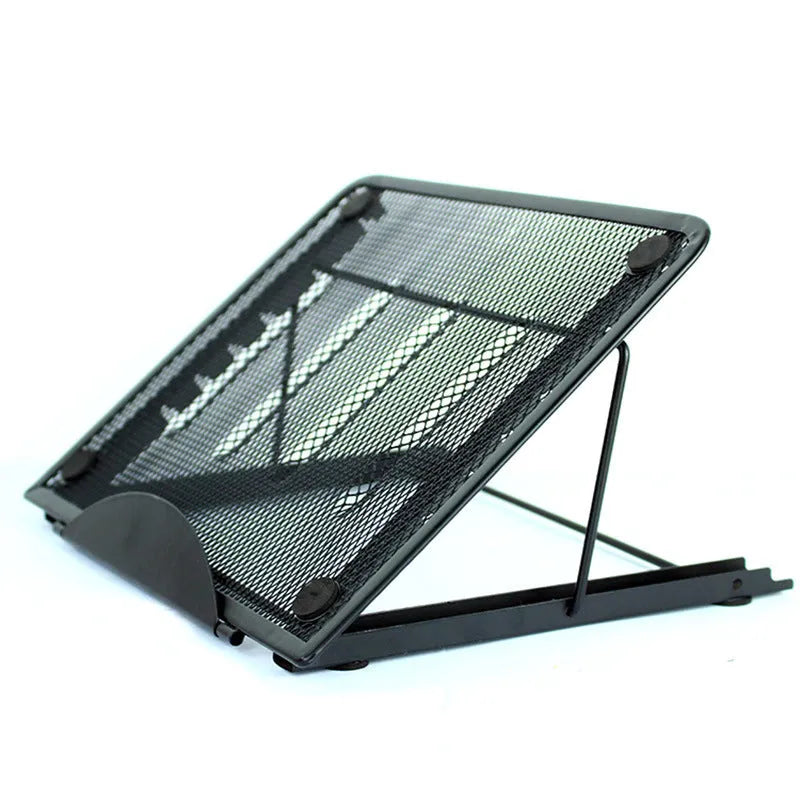 Adjustable steel laptop stand base in black, shown folded and unfolded with a tablet.
