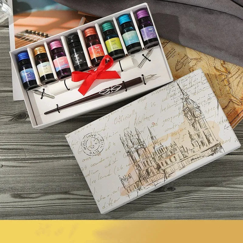 Wooden dip pen calligraphy set with ink bottles in presentation case