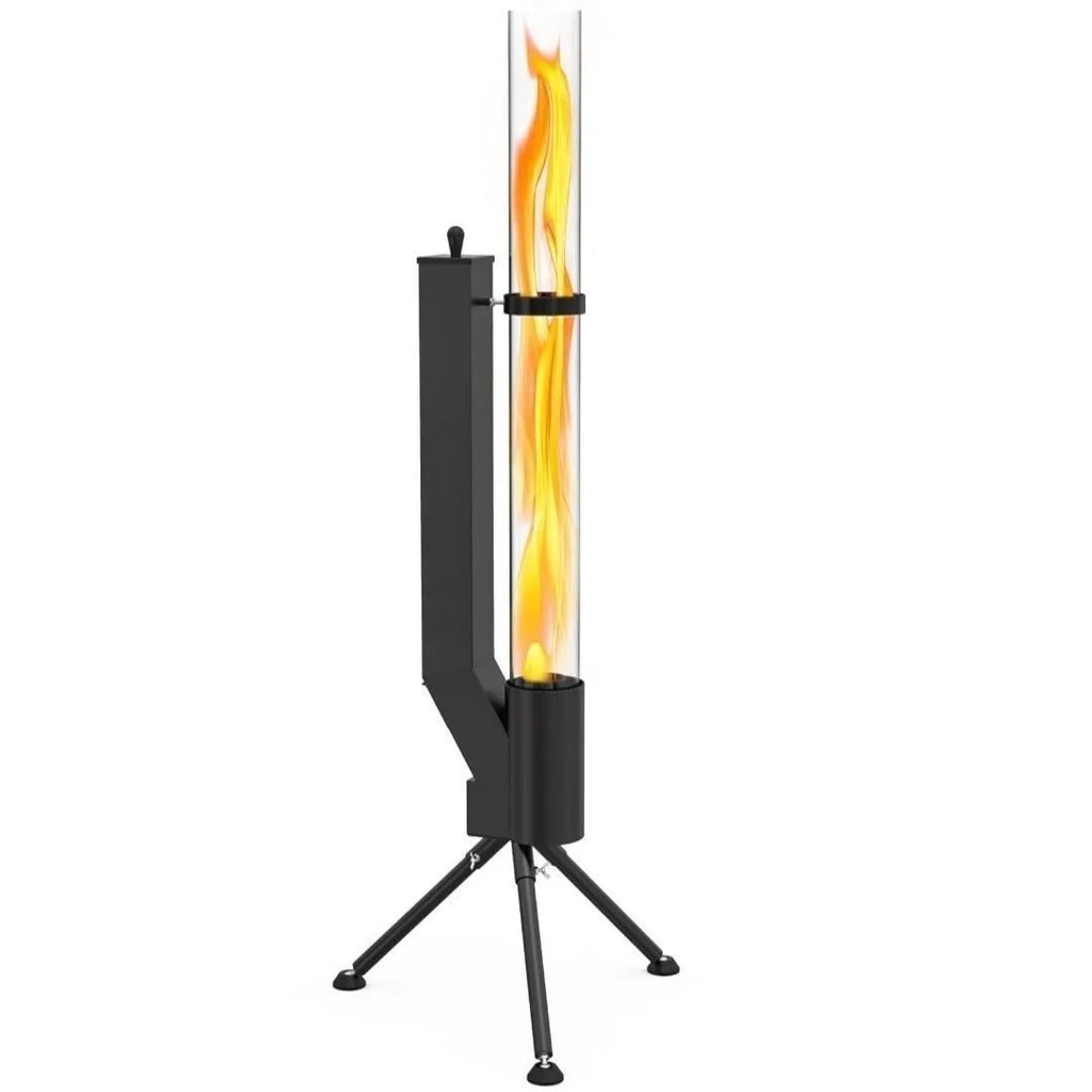 Vertical iron wood burning rocket furnace for courtyard heating with integrated stove design