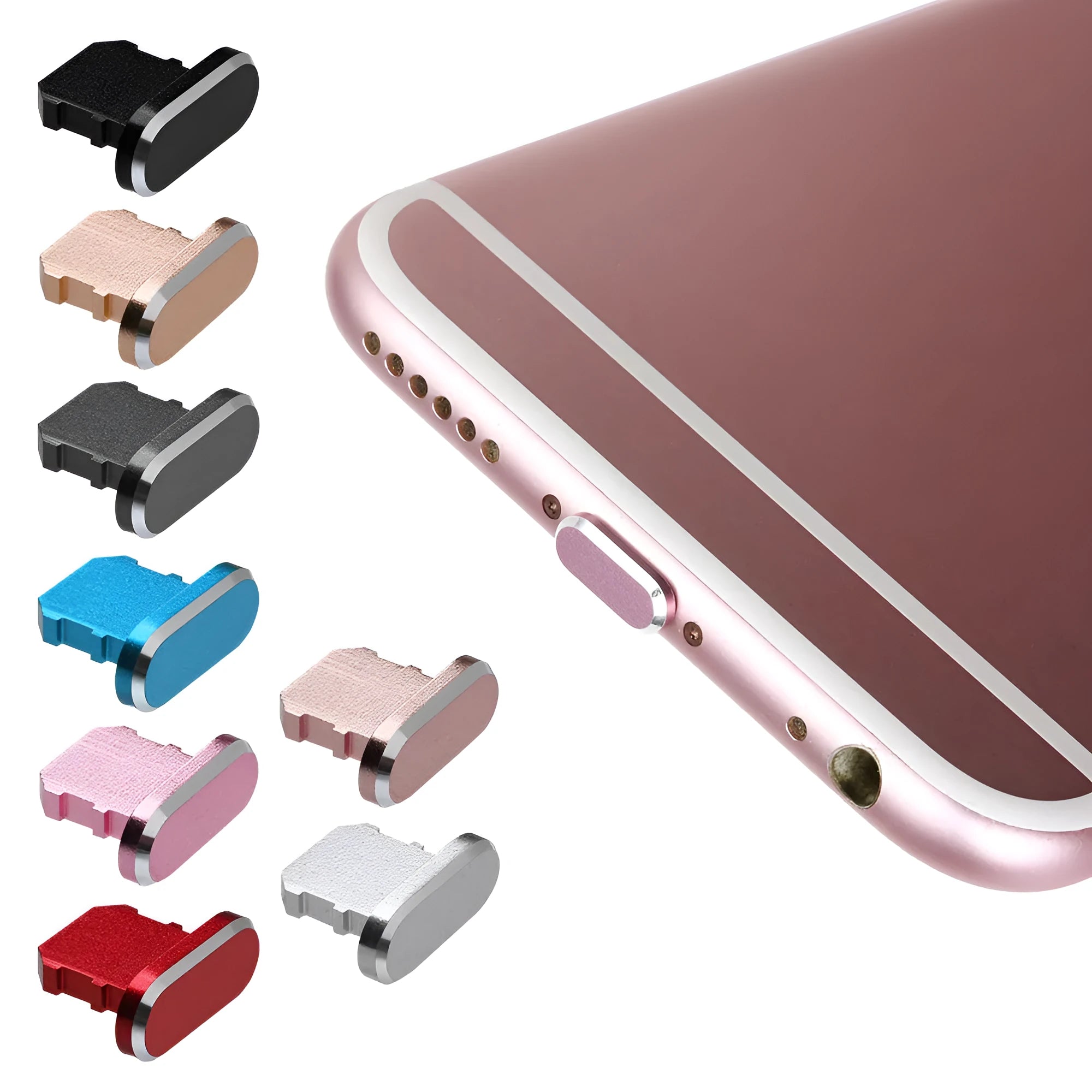 Aluminium alloy dust plug for iPhone charging port in various colours including gold and black.