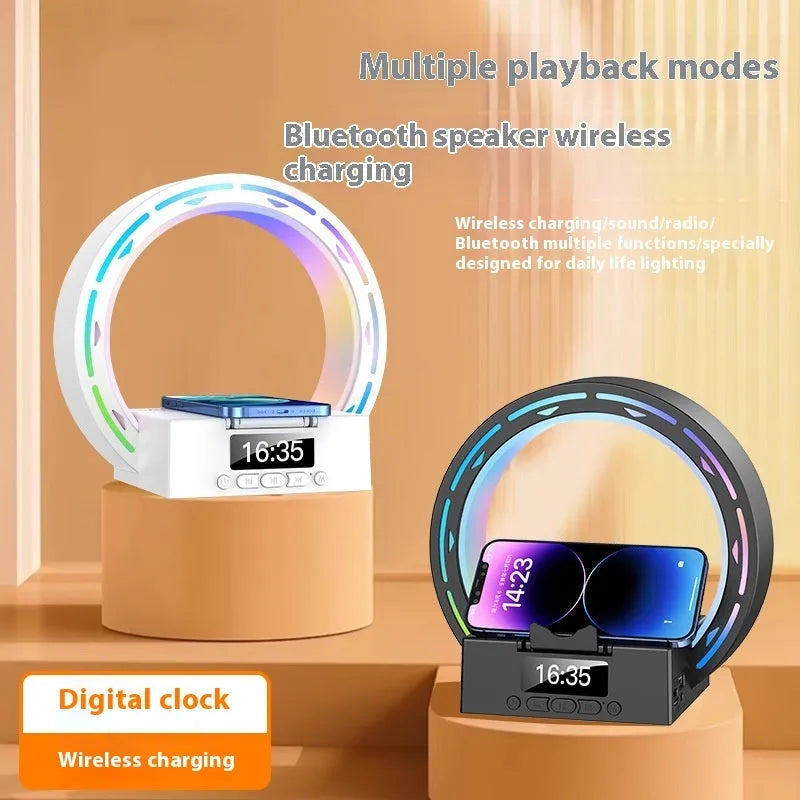 White multifunction Bluetooth speaker with wireless charging pad, digital clock display, and bedside lamp features