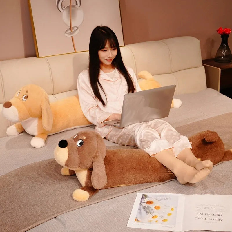Cute puppy plush long pillow in brown or yellow, 80cm 100cm or 130cm, short plush cover with PP cotton filling