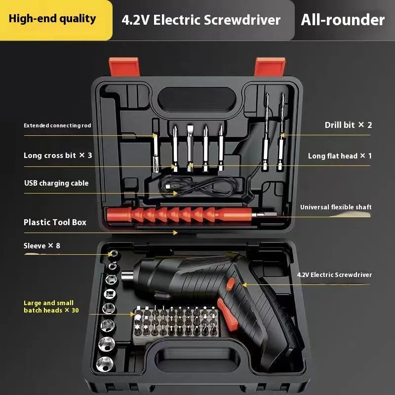 Rechargeable electric screwdriver toolbox 48 piece set with USB charging, 3.7-4.2V lithium battery and 21 x 17 x 6 cm case