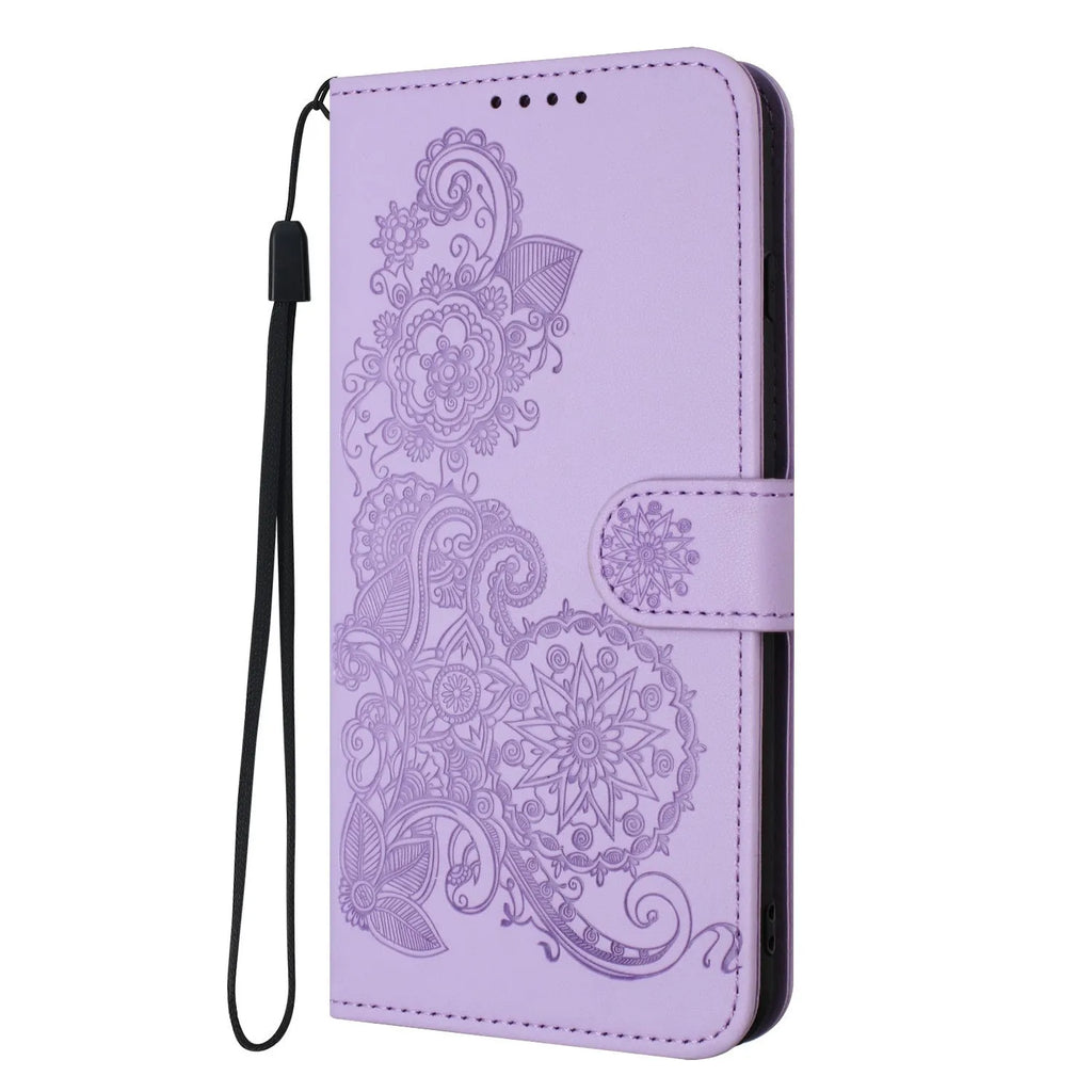 Datura embossed leather phone case with flip card slot for Samsung in brown colour