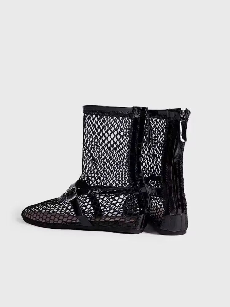 Black high top ballet shoes with metal buckle and back zipper, PU upper and rubber sole
