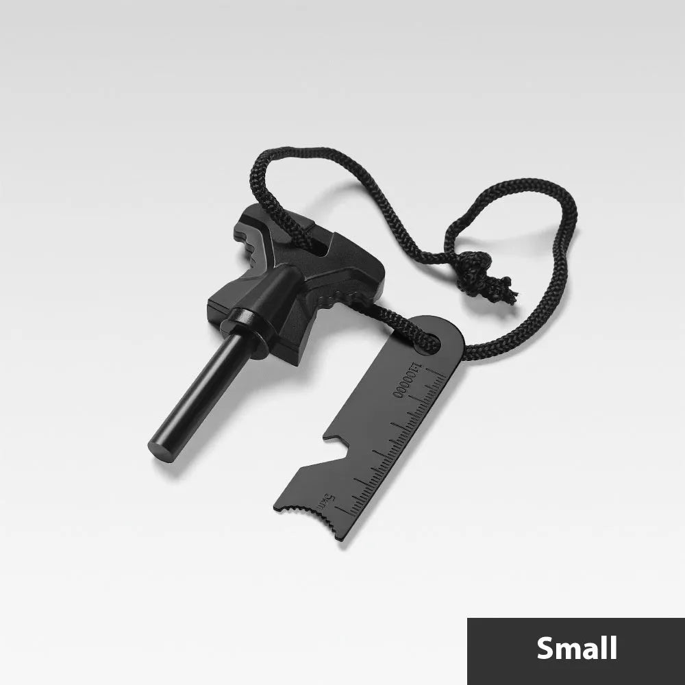 Butterfly-shaped stainless steel fire starter tool with integrated bottle opener.