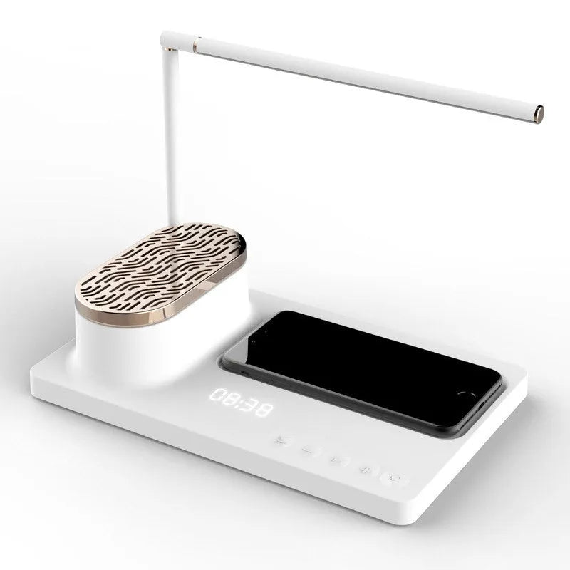 Wireless Bluetooth sound desk lamp aluminium alloy ABS USB powered white colour with UK plug on desk
