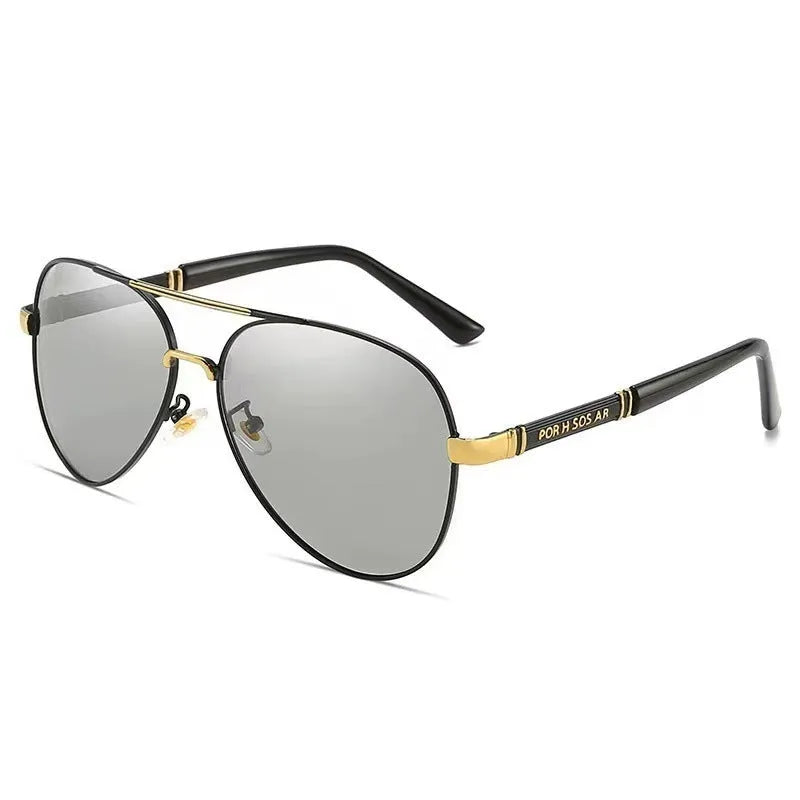 Men's metal frame polarised sunglasses in gold, black, and silver with grey or colour-changing lenses.
