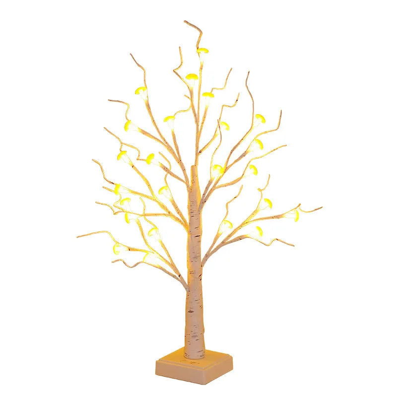 60cm tall white birch tree LED lamp with 24 small detachable mushroom lights on top.