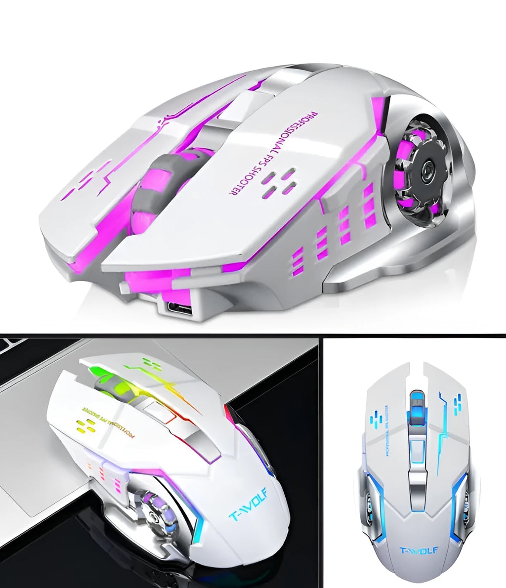 Black and white wireless computer mouse with six buttons and mute function for laptop use