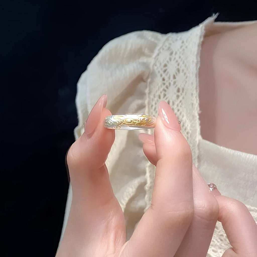 Open mouth geometric ring with Xiangyun pattern in silver gold electroplated finish on white copper